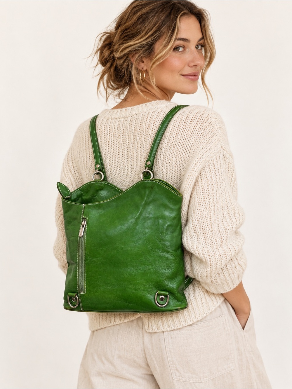 Florence Made in Italy Green Leather Convertible Backpack Shoulder Bag